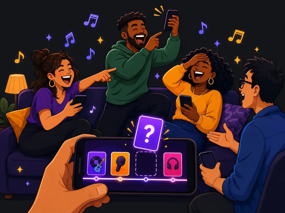 Freunde spielen zusammen das Tunigma Musik-Zeitleisten-Partyspiel