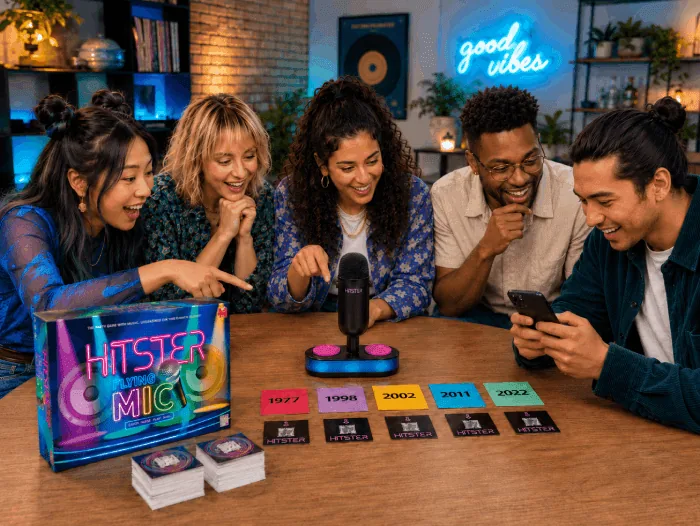 Five friends playing Hitster Flying Mic around a table with the app, cards, and the flying microphone